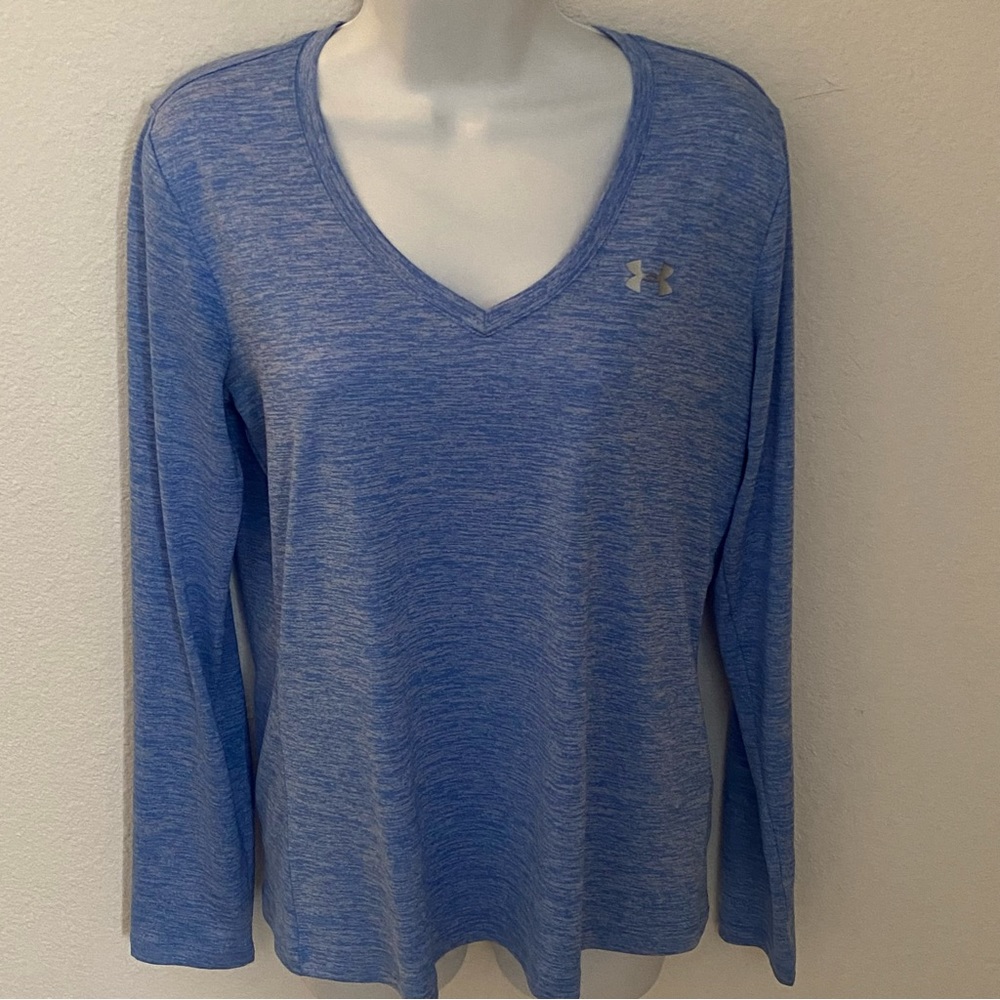 Under Armour Heather Blue Long Sleeve V-Neck Heat Gear Shirt